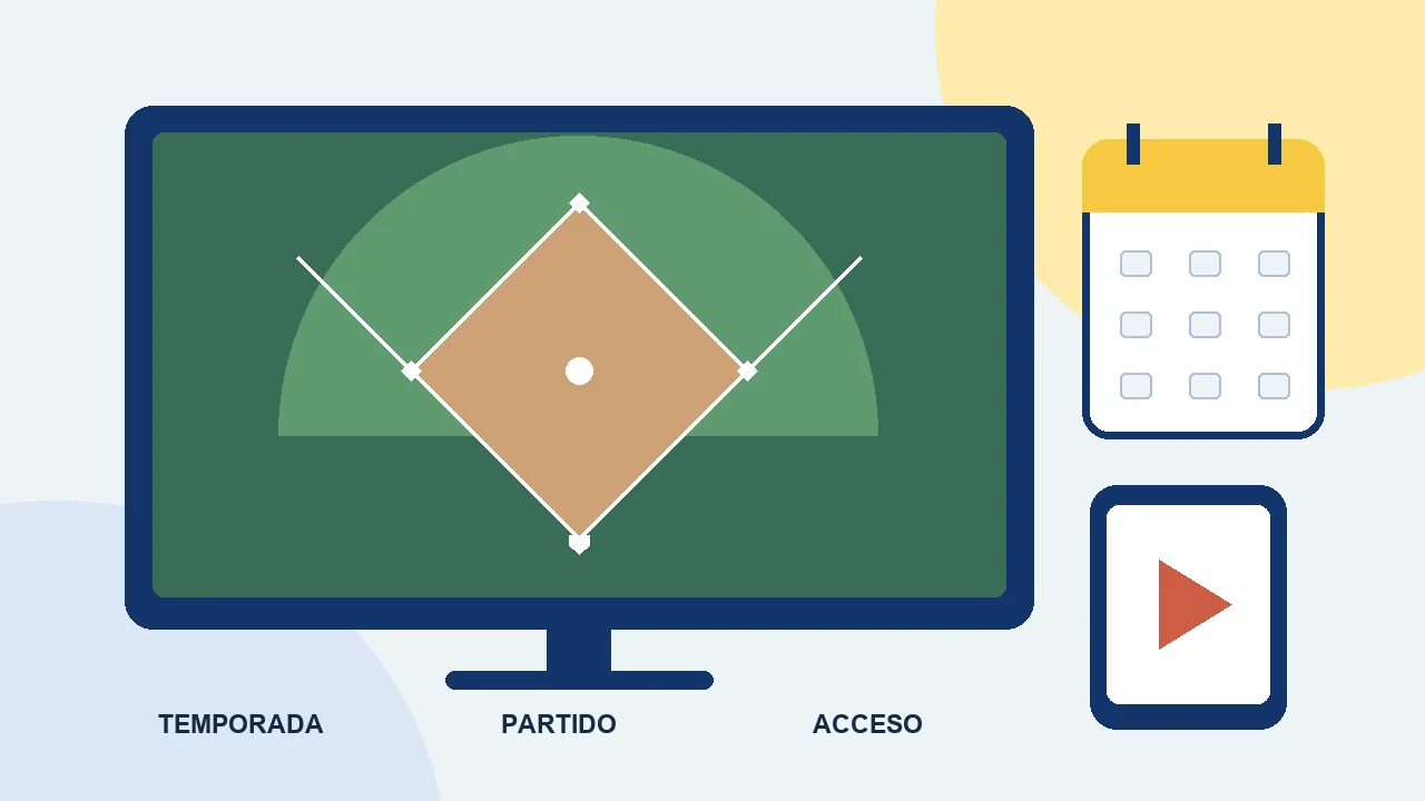 Ilustración original de un terreno de béisbol dentro de una pantalla, con un teléfono y un calendario; sin logotipos ni partido real.